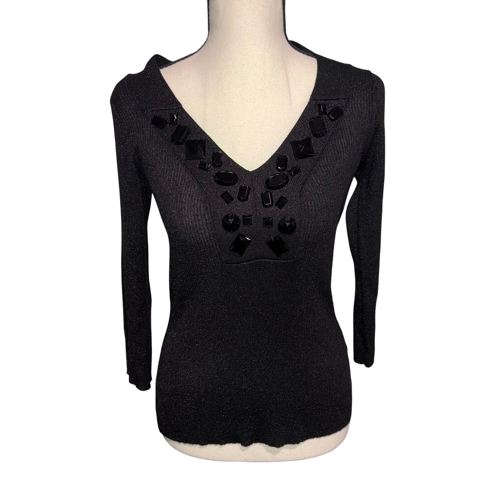 Beaded Shimmer August Silk Knits V-Neck Sweater Women Small Black